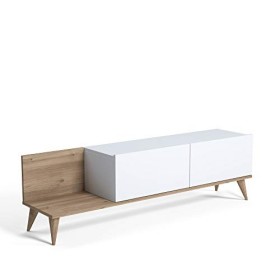 Dmora - Meuble TV de salon avec deux portes battantes, 152 x 35 x 43 cm, coloris chêne et blanc