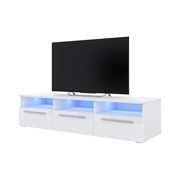 Selsey LAVELLO - Meuble TV/Banc TV 140 cm, Blanc Mat/Blanc Brillant, éclairage LED 