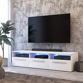 Selsey LAVELLO - Meuble TV/Banc TV 140 cm, Blanc Mat/Blanc Brillant, éclairage LED 