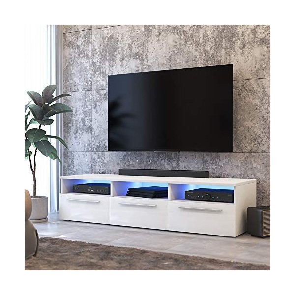 Selsey LAVELLO - Meuble TV/Banc TV 140 cm, Blanc Mat/Blanc Brillant, éclairage LED 