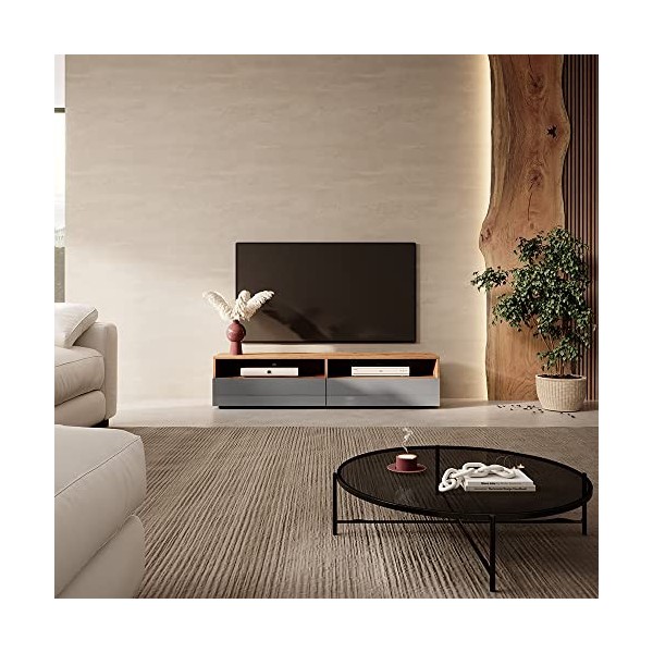 Selsey - REDNAW - Meuble TV - 140 cm - chêne wotan/Gris Brillant - scandinave – Moderne