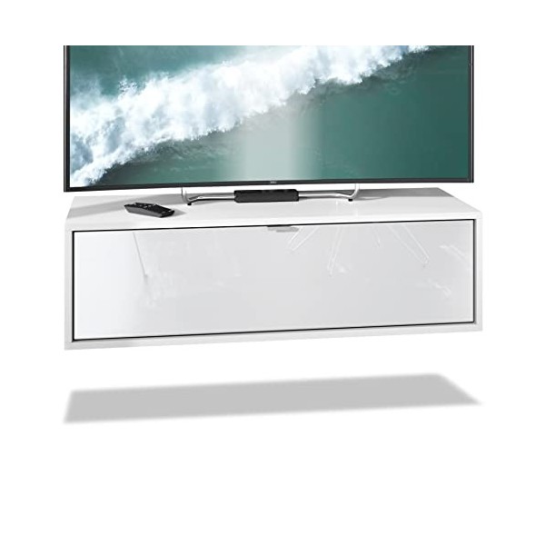 Vladon Meuble TV Lana 100 Armoire Murale lowboard 100 x 29 x 37 cm, Caisson en Blanc Mat, façades en Bordeaux Haute Brillance