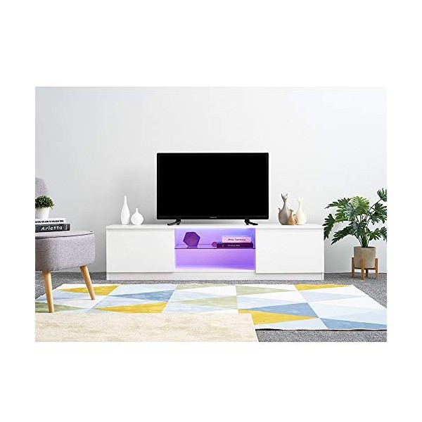 Meuble TV avec LED en Verre sur Salle de Séjour, Salon et Chambre à Coucher etc, 160 x 39 x 40 cm, Poids: 25 kg, Blanc