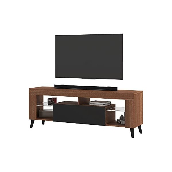 Selsey HugoB - Meuble TV - 140 cm, Noyer Aida Tabak Mat/Noir Brillant - Style Moderne