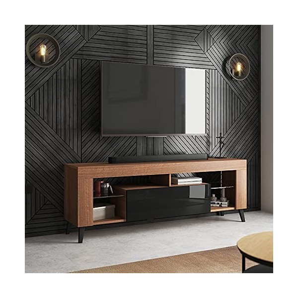 Selsey HugoB - Meuble TV - 140 cm, Noyer Aida Tabak Mat/Noir Brillant - Style Moderne