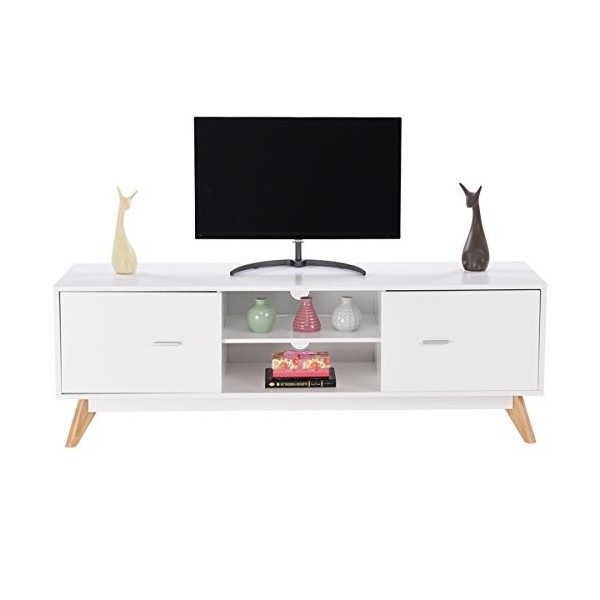 COSTWAY Banc TV 2 Compartiments 2 Placards, Meuble TV pour Télé Jusquà 60 Pouces, 2 Trous de Gestion des Câbles, Pieds en Bo