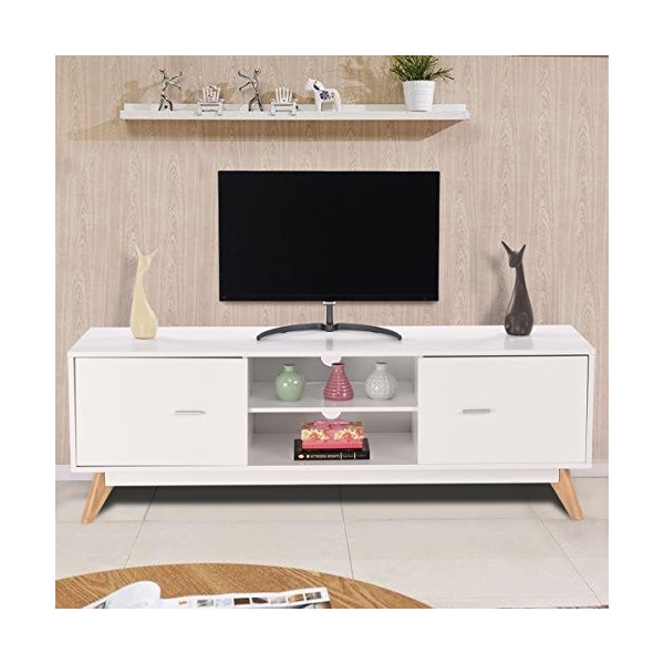COSTWAY Banc TV 2 Compartiments 2 Placards, Meuble TV pour Télé Jusquà 60 Pouces, 2 Trous de Gestion des Câbles, Pieds en Bo