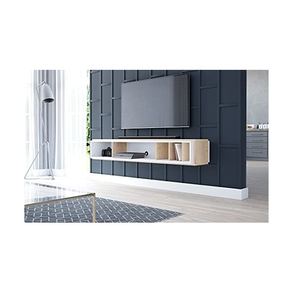 3xEliving Moderne Suspendu Meuble TV Original et élégant SURANO Blanc/chêne Artisanal doré, 153,2/35/ 25