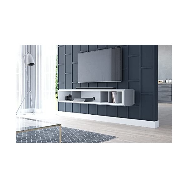 3xEliving Moderne Suspendu Meuble TV Original et élégant SURANO Blanc/chêne Artisanal doré, 153,2/35/ 25