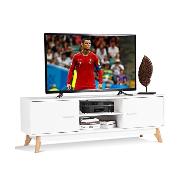 KOMFOTTEI Meuble TV pour salon jusquà 65", meuble TV en bois, meuble TV multifonction avec 2 compartiments ouverts et 2 port