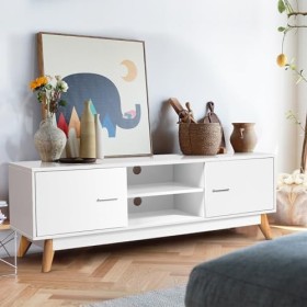 KOMFOTTEI Meuble TV pour salon jusquà 65", meuble TV en bois, meuble TV multifonction avec 2 compartiments ouverts et 2 port
