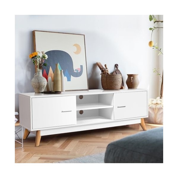 KOMFOTTEI Meuble TV pour salon jusquà 65", meuble TV en bois, meuble TV multifonction avec 2 compartiments ouverts et 2 port