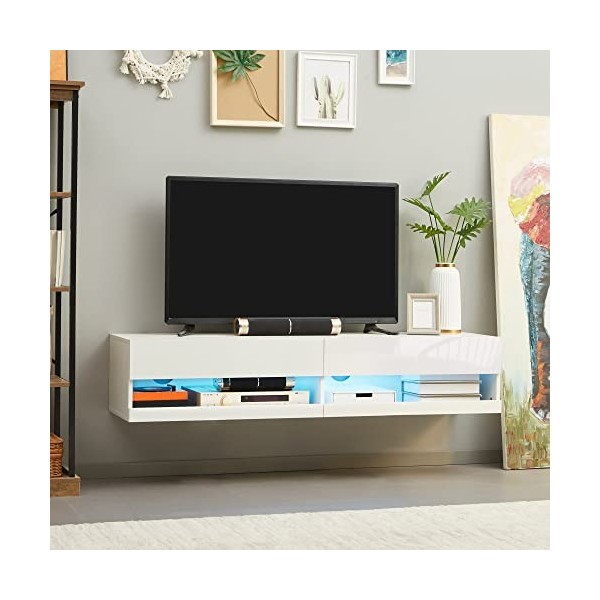 HOMCOM Meuble TV Banc TV Mural Suspendu LED Style Contemporain - placards avec 2 Portes battantes et 2 Passe-câbles - en Bois