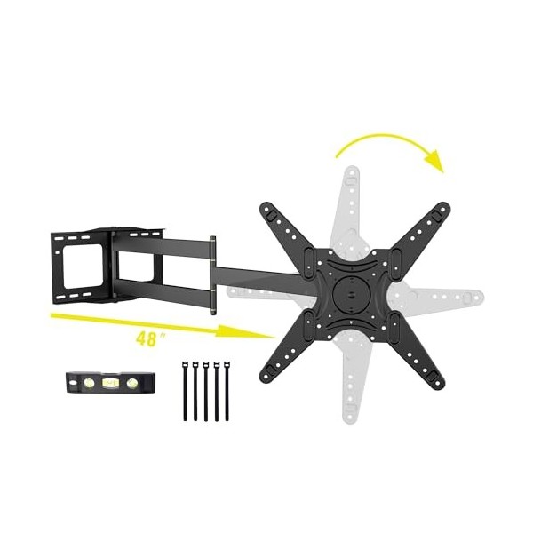 WHYFONE Support Mural TV Longue Portée à Rotation de 90° avec Bras Articulés de 1219mm, Extension Pivotante et Inclinable pou