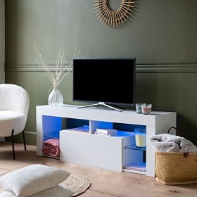 Happy Garden Meuble TV Daryl Blanc avec Bande LED. Meuble Bas Style Contemporain pour télévision et Console de Jeux. Meuble 1