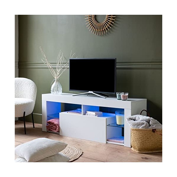 Happy Garden Meuble TV Daryl Blanc avec Bande LED. Meuble Bas Style Contemporain pour télévision et Console de Jeux. Meuble 1