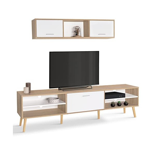 IDMarket - Ensemble Meuble TV et étagère Clayton Bois et Blanc 180 cm