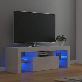 FIRBNUS Meuble TV avec Lumières LED Blanc Brillant 120x35x40 cm Aggloméré Armoire Média Salon Amplement d’Espace pour Garder 