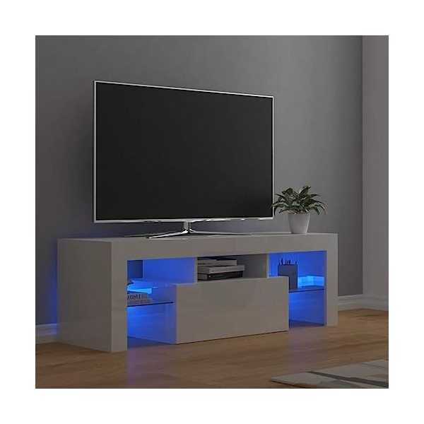 FIRBNUS Meuble TV avec Lumières LED Blanc Brillant 120x35x40 cm Aggloméré Armoire Média Salon Amplement d’Espace pour Garder 