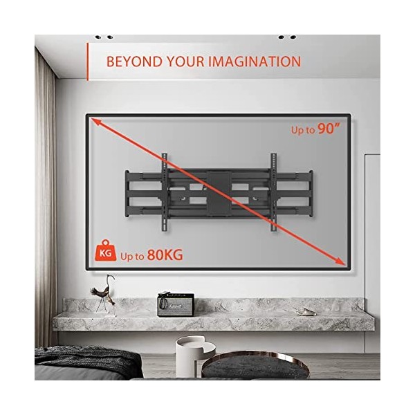 PUTORSEN Support Mural TV Longue Portée 1044 mm , Pivotant et Inclinable pour TV Plat/Incurvé de 43" à 90", Capacité de Poid