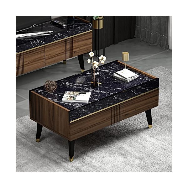 KARYA Table Basse – Table de canapé – Table de Salon – Table dappoint au Design élégant et Moderne Table Basse – Noyer/Marb