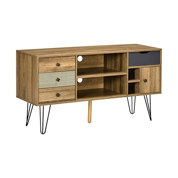 HOMCOM Meuble TV Banc TV jusquà 50 Pouces avec 4 Compartiments 4 tiroirs 2 Passe-câbles et 1 Placard Pieds épingles métal No