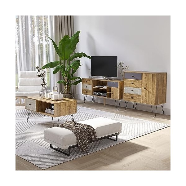 HOMCOM Meuble TV Banc TV jusquà 50 Pouces avec 4 Compartiments 4 tiroirs 2 Passe-câbles et 1 Placard Pieds épingles métal No