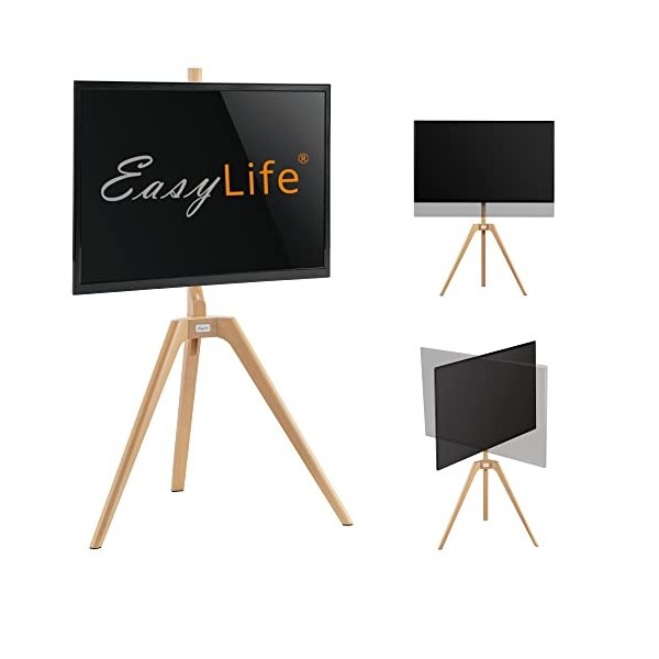 EasyLife Trépied TV en Bois chevalet - Support TV Studio jusquà 65" et 40 kg - Orientable - Réglable en Hauteur - Gestion de