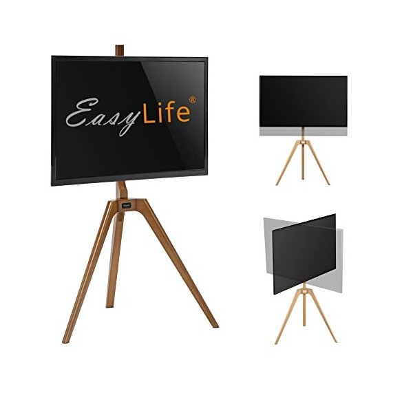 EasyLife Trépied TV en Bois chevalet - Support TV Studio jusquà 65" et 40 kg - Orientable - Réglable en Hauteur - Gestion de