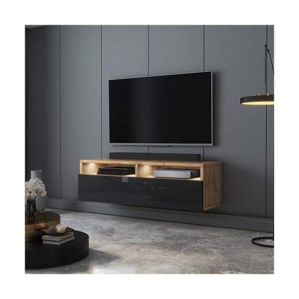 Selsey - REDNAW - Meuble TV - 100 cm - chêne wotan/Noir Brillant - avec LED - scandinave – Moderne