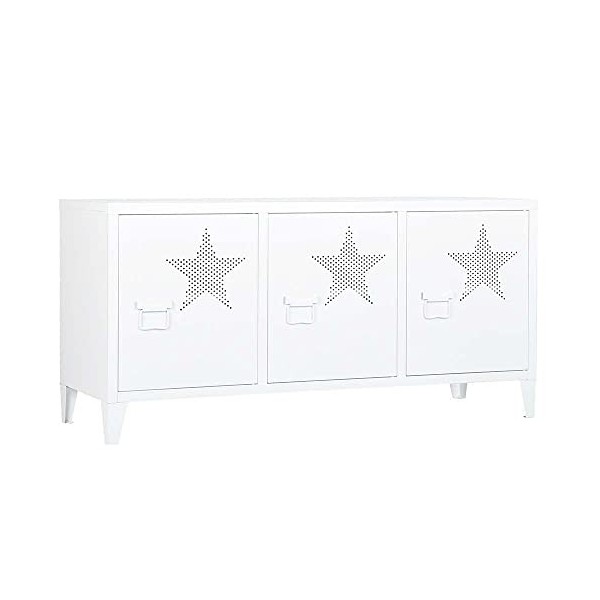 BAKAJI Meuble TV en métal avec base télévision 3 portes double compartiment intérieur, décoration étoile, trouée, dimensions 