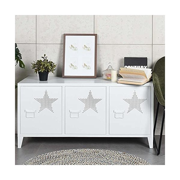 BAKAJI Meuble TV en métal avec base télévision 3 portes double compartiment intérieur, décoration étoile, trouée, dimensions 