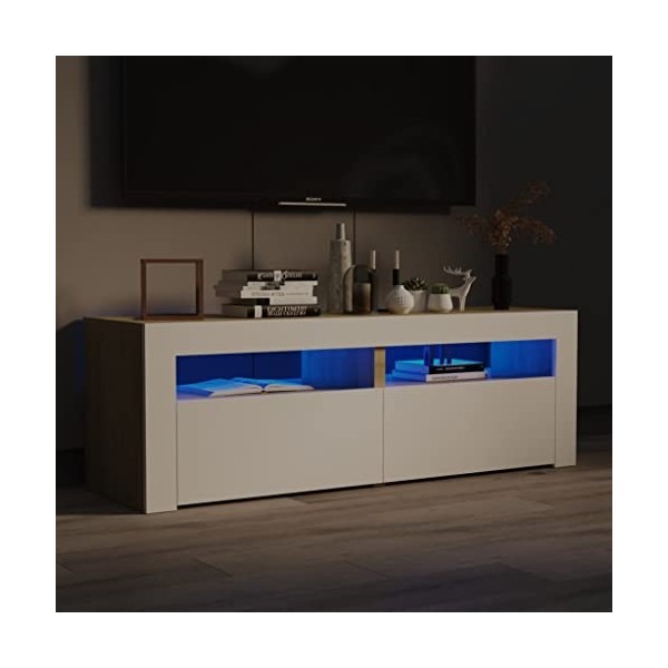 Canditree Meuble TV Moderne avec LED Banc TV avec étagères de Rangement Support de Télé pour Salon 120 cm Blanc et chêne Son