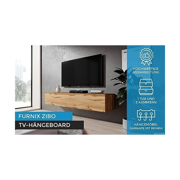 Furnix - Meuble TV Zibo - 160 x 34 x 34 x 34&nbsp;cm L x l x H - Meuble TV à suspendre, Lowboard Sideboard - 2 étagères avec rab