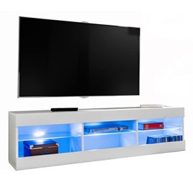 ExtremeFurniture Open RTV 140 Meuble TV, Carcasse en Blanc Mat/Façade en Blanc Mat + LED Multicolores avec télécommande