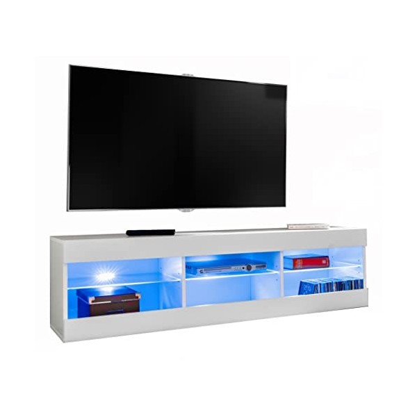 ExtremeFurniture Open RTV 140 Meuble TV, Carcasse en Blanc Mat/Façade en Blanc Mat + LED Multicolores avec télécommande