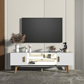 Kalb Lia Meuble TV bas avec éclairage LED intégré au look scandinave Blanc 150 cm