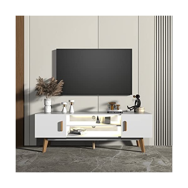 Kalb Lia Meuble TV bas avec éclairage LED intégré au look scandinave Blanc 150 cm