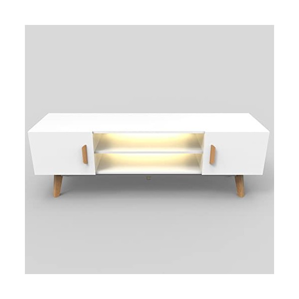 Kalb Lia Meuble TV bas avec éclairage LED intégré au look scandinave Blanc 150 cm