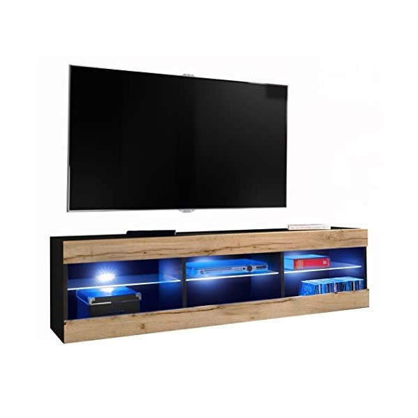 ExtremeFurniture Open RTV 140 Meuble TV, Carcasse en Noir Mat/Façade en Wotan Mat + LED Multicolores avec télécommande