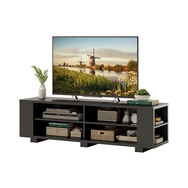 COSTWAY Meuble TV avec 6 Compartiments, Banc TV pour TV Jusquà 65 Pouces, 4 Trous de Gestion des Câbles, Étagères Réglables,