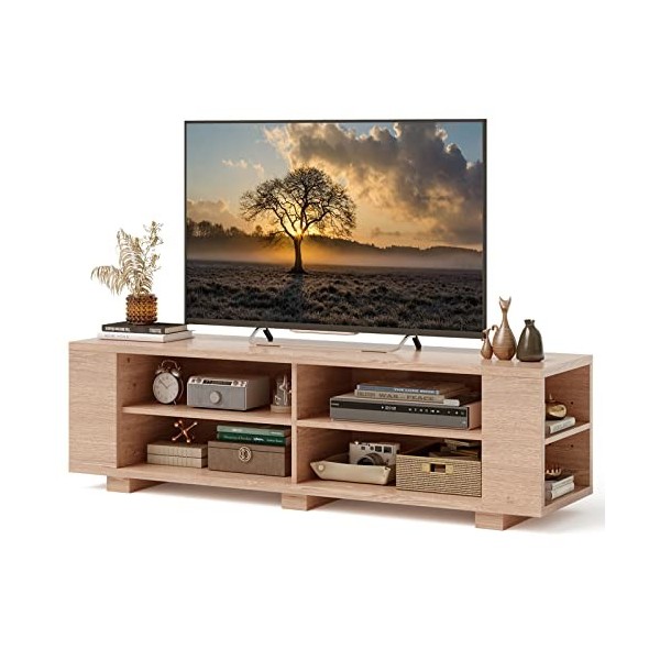 COSTWAY Meuble TV avec 6 Compartiments, Banc TV pour TV Jusquà 65 Pouces, 4 Trous de Gestion des Câbles, Étagères Réglables,