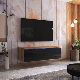 Selsey SKYLARA - Meuble TV - 140 cm - chêne wotan/Noir Brillant - scandinave - Moderne - avec LED