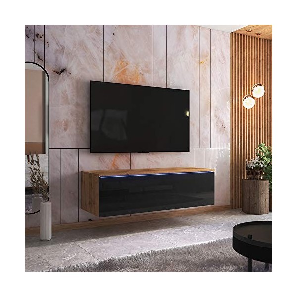 Selsey SKYLARA - Meuble TV - 140 cm - chêne wotan/Noir Brillant - scandinave - Moderne - avec LED