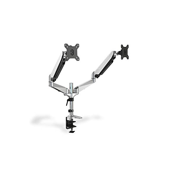 DIGITUS Support décran - Pince & Vérin à gaz - 2 écrans - Jusquà 27 pouces - Jusquà 2x 8 kg - VESA 75 & 100 - Argenté
