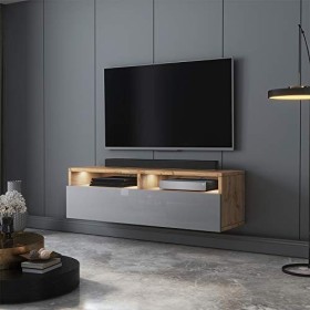 Selsey - REDNAW - Meuble TV - 100 cm - chêne wotan/Gris Brillant - avec LED - scandinave – Moderne