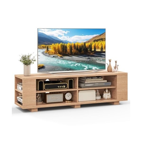 GYMAX Meuble TV avec 4 Compartiments de Rangement et 4 Étagères Latérales, Support pour Télé Jusquà 65’’, Banc TV avec Posit