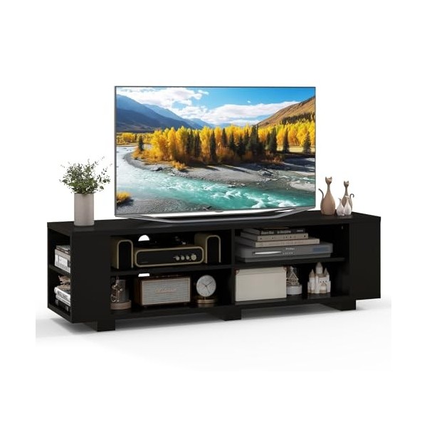 GYMAX Meuble TV avec 4 Compartiments de Rangement et 4 Étagères Latérales, Support pour Télé Jusquà 65’’, Banc TV avec Posit