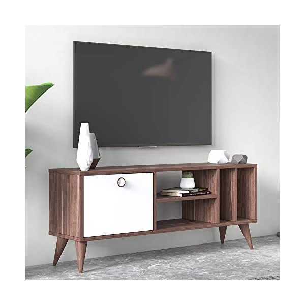 Dmora Meuble TV de salon avec porte et compartiments, 120 x 30 x 49 cm, couleur noyer avec détail blanc