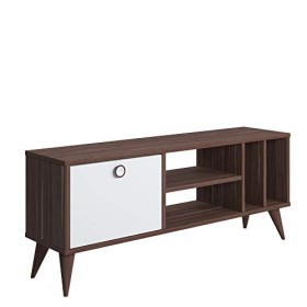 Dmora Meuble TV de salon avec porte et compartiments, 120 x 30 x 49 cm, couleur noyer avec détail blanc